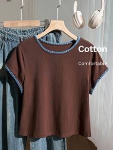 Comfortcana Áo thun nữ cỡ lớn phong cách thường ngày mùa xuân/hè, cổ áo phối màu tương phản, chất liệu cotton nguyên chất, màu cappuccino đa năng. - màu nâu - Xem 1