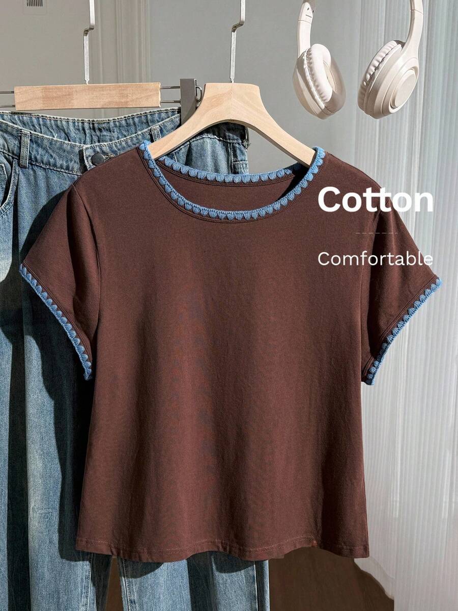 Comfortcana Áo thun nữ cỡ lớn phong cách thường ngày mùa xuân/hè, cổ áo phối màu tương phản, chất liệu cotton nguyên chất, màu cappuccino đa năng. - màu nâu - Xem 1