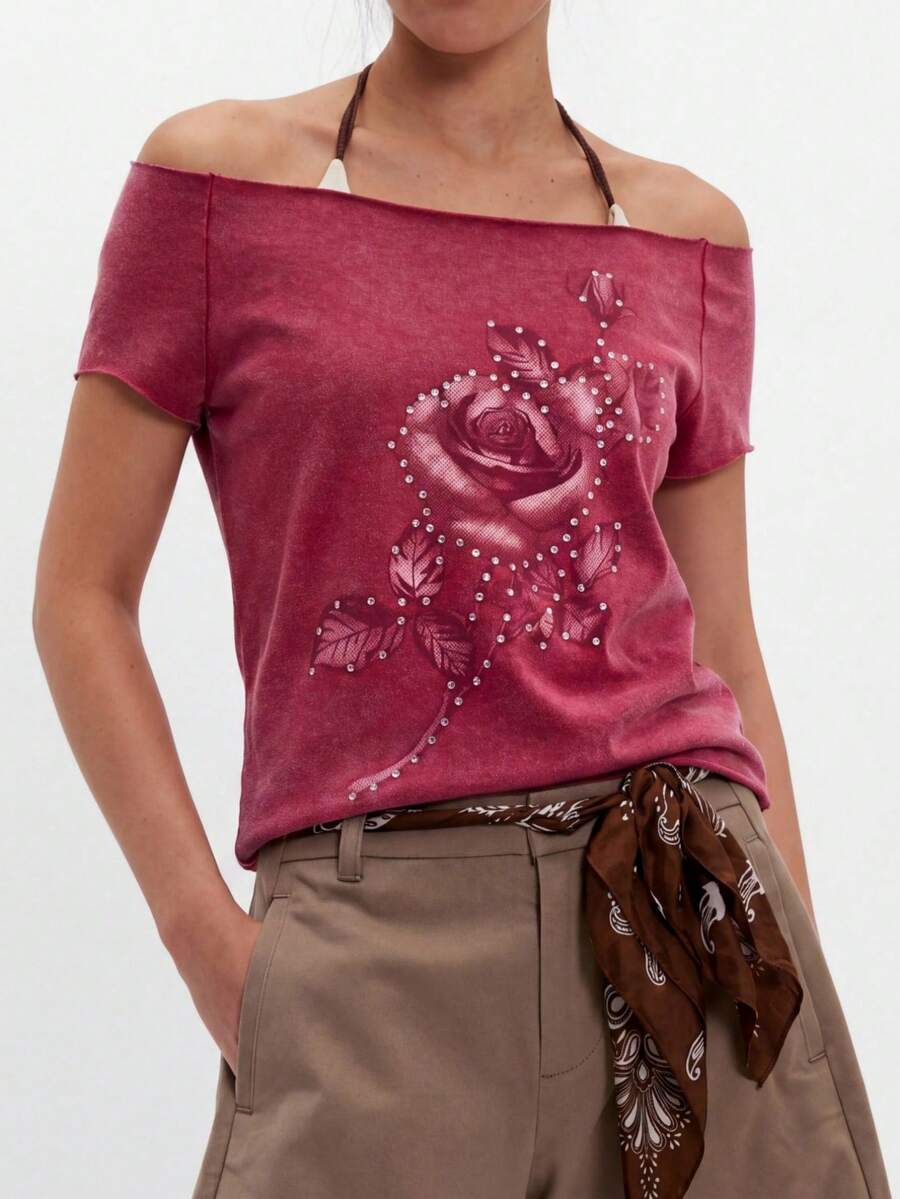 Bohemela Áo thun nữ cổ thuyền, màu trơn, chất liệu dệt kim, dáng ôm, đã qua xử lý giặt. - Đỏ - Xem 1