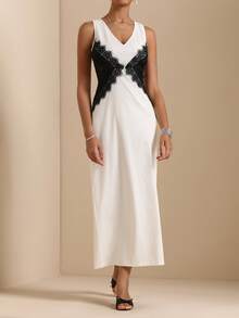 Elafinee V-Neck Sleeveless Lace Patchwork Contrast Color Waist Fitted Slit Dress For Women Party Black And White Summer Elegant Sexy - Multicolor - View 3