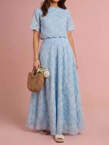 Amorya Women's Spring/Summer New Elegant High-End Embroidered Blouse & A-Line Skirt 2-Piece Set - Blue and White - View 8