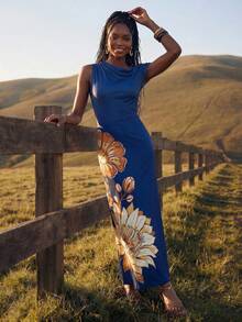 CAJUNI Elegant Sexy Long Summer Dress, One-Shoulder, With Floral Print, Boho Chic Golf Pastal - Navy Blue - View 3