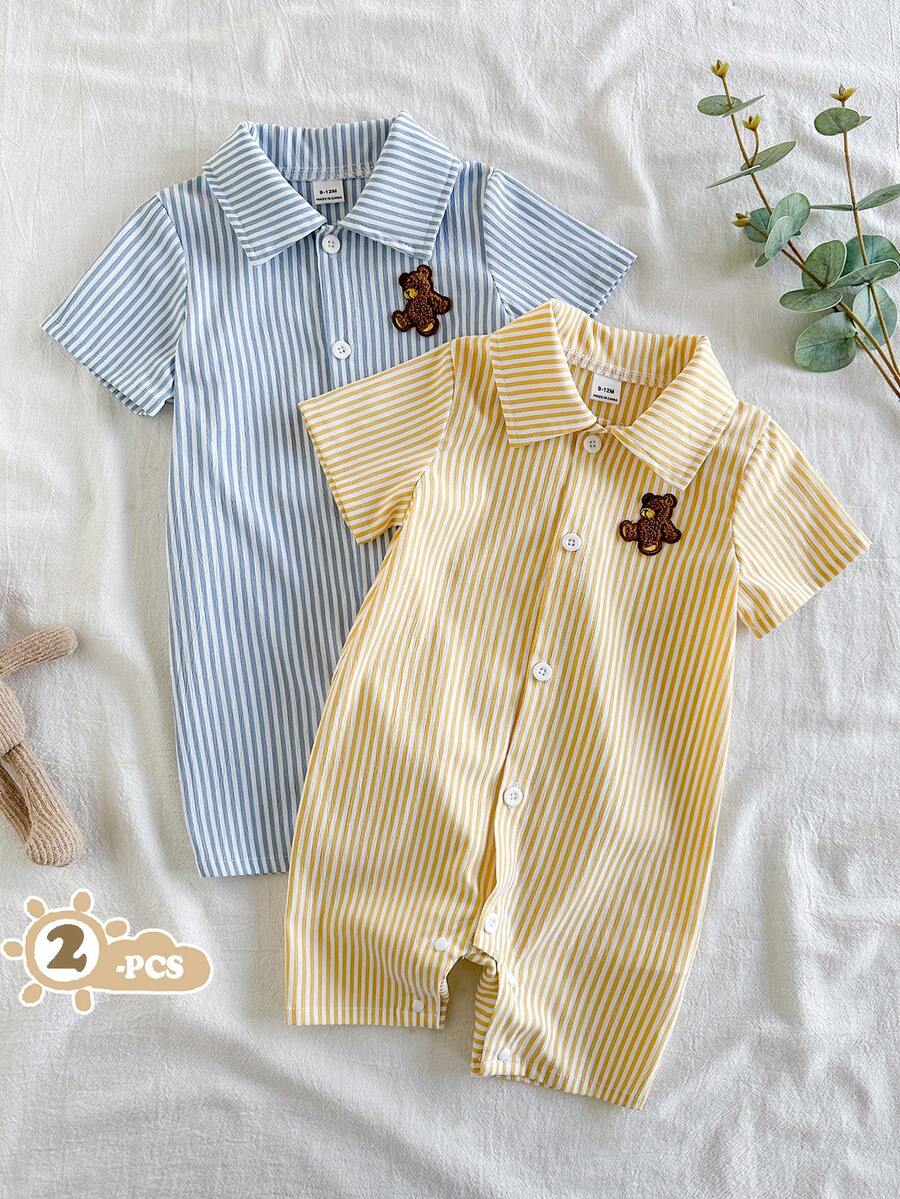 SHEIN Vintaside Kids 2件組男嬰純色紋理POLO領短袖上衣搭配刺繡動物圖案與短褲套裝,適合春/夏季、日常活動、百搭、夏季度假休閒穿著 - 彩色 - 查看 1