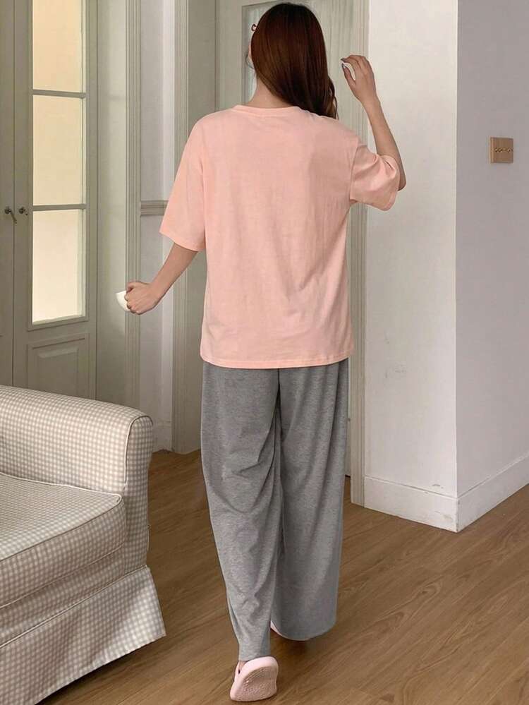 Cute Cartoon Print Loose Fit Round Neck T-Shirt And Pants Pajama Set
