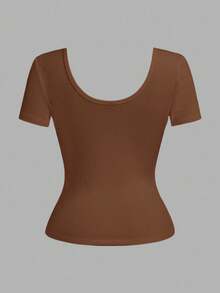 Slaydiva Camiseta de manga corta con cuello en V y fruncido, unicolor, talla grande, para verano - Óxido marrón - Ver 2