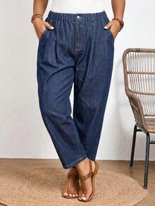 SHEIN CURVE+ CURVE+ Plus Size Women's Elastic Waist Barrel Leg Jeans, Casual Everyday & Comfort Pants For Women Wide Leg Pants For Women - Medium Wash - View 6