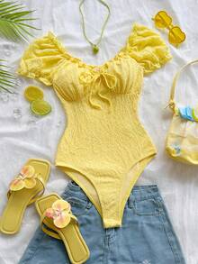 Soleia Bodysuit nữ màu trơn buộc dây phong cách casual, dễ phối đồ mặc hàng ngày - Vàng nhạt - Xem 4