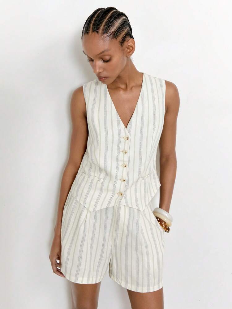 SHEIN Maija Women's Summer Casual Striped Vest And Shorts 2 Pieces Set,Going Out Outfits,Summer Outfits For Women