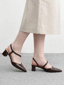 CUCCOO BIZCHIC Dark Brown Soft Leather Cross-Strap Pointed Back Thick Heel Shoes, Commuter Workplace Model - Brown - View 9