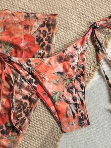 Swim SXY 3pcs/Set Set Bikini Segitiga Halter Motif Bunga & Hewan Acak dengan Hiasan Mutiara Emas, Bawahan Ikat Samping, dan Rok, Set Pakaian Renang Seksi untuk Wanita, Musim Semi/Panas - MultiWarna - View 5
