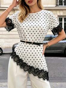 SHEIN Elenzya Polka Dot Print Lace Patchwork Asymmetric Hem Round Neck Short Sleeve Blouse - White - View 1