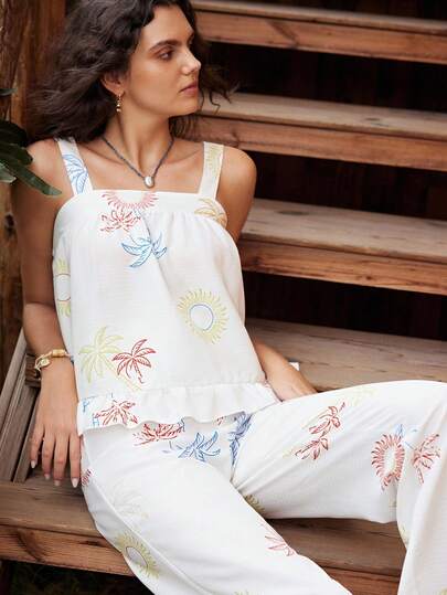 Lullawish Bộ đồ ngủ nữ phong cách Bohemian in họa tiết, thích hợp cho kỳ nghỉ, gồm áo không tay và quần.