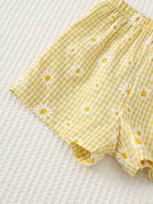 Cozy Pixies 2件套女婴碎花装饰圆领短袖上衣和格子短裤套装 - 黃色 - 查看 6