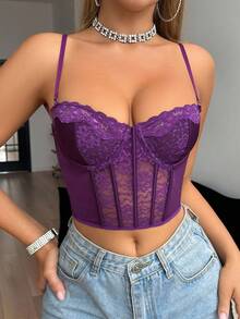 Elorette 可爱塑身吊带背心，蕾丝花边无线文胸 - 紫色 - 查看 7