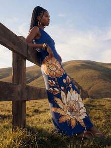CAJUNI Elegant Sexy Long Summer Dress, One-Shoulder, With Floral Print, Boho Chic Golf Pastal - Navy Blue - View 1