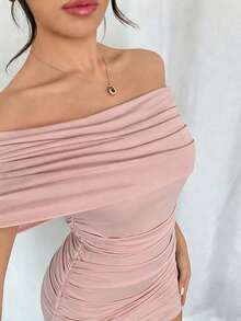 Franclia 女士新款时尚优雅休闲纯色露肩修身迷你连衣裙，百搭夏季连衣裙 - 粉色 - 查看 3