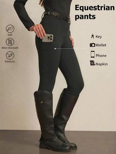 Easithlete Casual Versatile Black Side Zipper Pocket Slim Fit Equestrian Outfit For Women