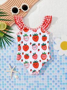 SHEIN Young Girl Cute Strawberry Print One-Piece Swimsuit, Suitable For Vacation, Beach - Red - View 2