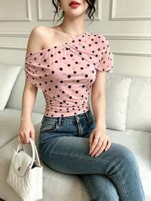 Modelyn 粉色波点不对称肩部网纱上衣，优雅透视网纱不对称肩部修身上衣，时尚夏季轻薄显瘦衬衫 - 彩色 - 查看 4