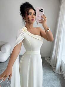 Elenzga Đầm nữ thanh lịch với họa tiết hoa 3D và cổ áo bất đối xứng. - Màu be - Xem 5