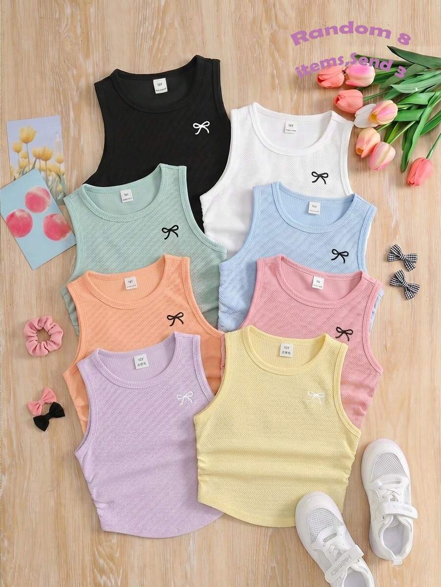SHEIN Bộ 3 món cho bé gái tuổi teen: Áo tank top crop cổ tròn in nơ màu trơn, kiểu dáng thường ngày. - Nhiều màu - Xem 1