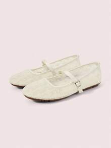 CUCCOO DOLLMOD Women's Shoes, Beige, Round Toe Mary Jane Flats, Flower Embroidered Mesh Yarn, Sweet And Cute, Comfortable, Soft And Breathable - Fukue-Apricot - View 2