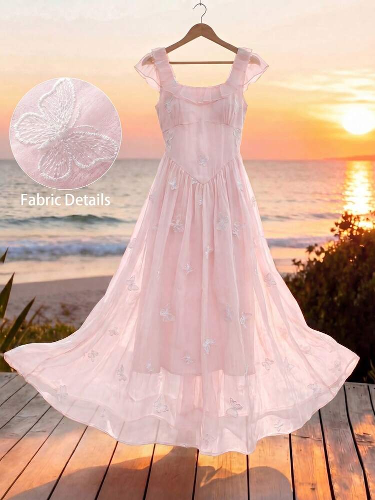 Modelyn French Style Yellow Cap Sleeve Embroidered Waist Maxi Dress, Elegant Vacation Wear For Spring/Summer - Pink - View 6