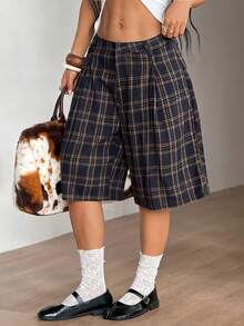 Coolane 女士夏季街头风 Y2K 休闲复古西部风服饰返校日常穿着印花格纹宽松低腰百慕大短裤 - 彩色 - 查看 4