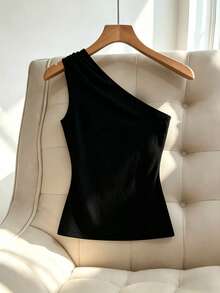 SHEIN Franclia Women's Solid Color Asymmetrical Shoulder Sleeveless Summer Fashionable Minimalist Design Top - Black - View 2
