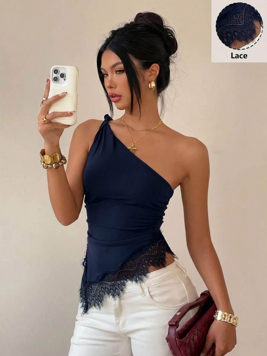 Siren Gaze 蕾丝拼接扭结单肩上衣，优雅修身女式上衣，嘉年华上衣，休闲夏季风，不对称肩部上衣，露背上衣，派对上衣，音乐节上衣 - 藏蓝色 - 查看 1