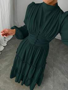 Veilorie 女士纯色荷叶边立领优雅长袖连衣裙 - 墨綠色 - 查看 5