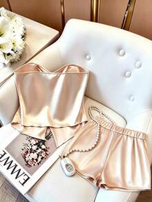 GlowEve Apricot Color Twist Knot Crop Top Shorts 2 Pieces Set, Elegant Sexy Women's Outfit Golf White Summer - Apricot - View 2