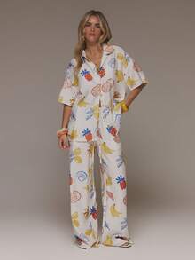 MUSERA Kemeja Kancing Depan Motif Liburan Grafis Berbahan Linen, Celana Panjang Kaki Lebar, Gaya Liburan Musim Panas, Boho Tropis, Pantai Ibiza, Putih - MultiWarna - View 4