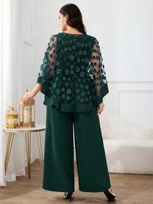 Modelyn 两件套加大码女装藏蓝色3D立体花卉装饰网纱拼接圆领上衣和纯色阔腿裤，适合派对、婚礼、正式场合、晚宴等场合。 - 墨綠色 - 查看 2