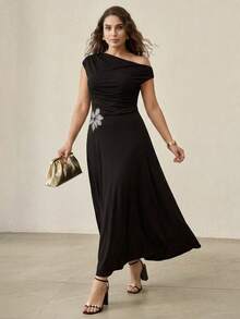 MOTF PREMIUM PLUS SIZE WOMEN'S ELEGANT SLIMMING DRESS WITH SHOULDER CUT-OUT, WAIST CUTOUT, BEADED FLORAL APPLIQUE, SPRING/SUMMER - Black - View 3
