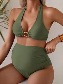 Swim Vcay Maternity Beach Vacation Solid Color Halter Bikini Set - Green - View 5