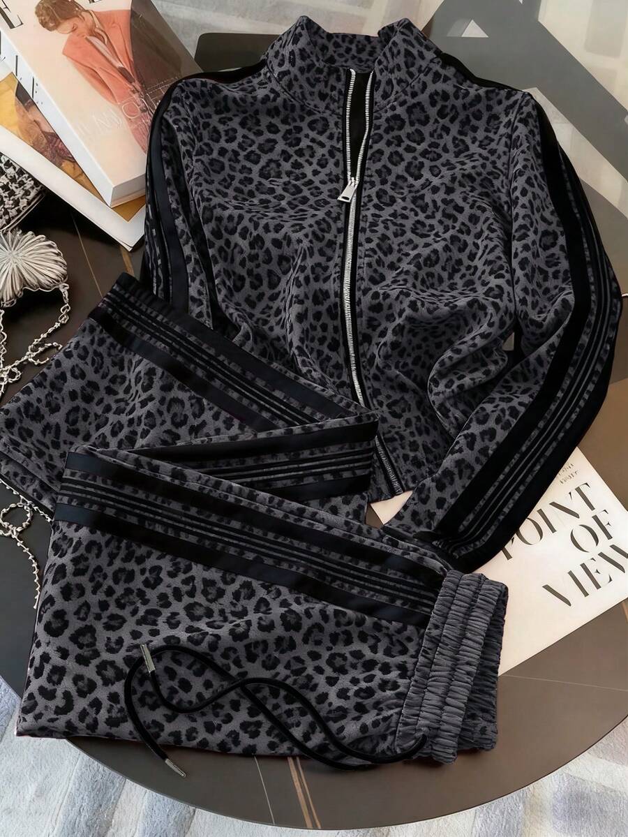 Resyla Cardigan de cuello alto ajustado con mangas raglán + Pantalones rectos con bolsillos en diagonal para tallas grandes - Gris - Ver 1