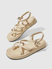 HighSole Sandalias de mujer para primavera y verano, con nuevo diseño de correas cruzadas y hebilla, plataforma abierta, estilo sencillo y versátil para uso diario, ir al trabajo o de compras - Albaricoque - Ver 6