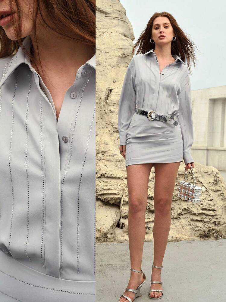 WOMEN'S CHIFFON RHINESTONE EMBELLISHED PLEATED BODYCON MINI DRESS