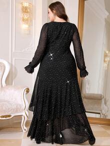 Reflora Vestido con volantes y pliegues con aplicaciones de diamante de imitación para mujer de talla grande, adecuado para boda en la playa - Negro - Ver 3