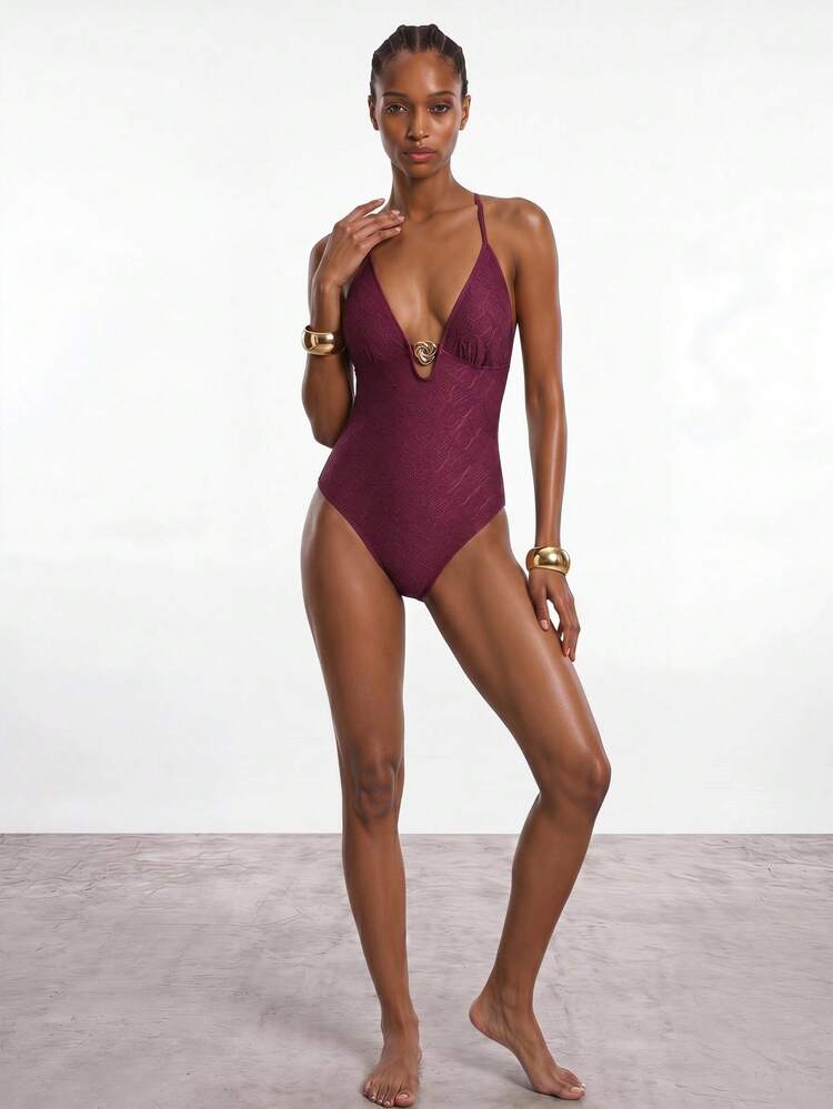 SHEIN Maija Traje de baño de una pieza con decoración de flor metálica y diseño sexy para vacaciones