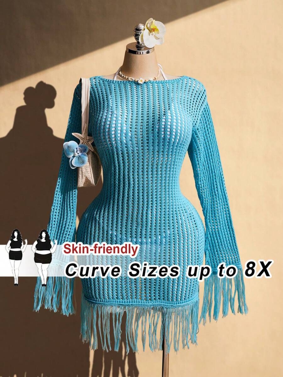 SHEIN CURVE+ 大尺碼復古性感時尚個性化海灘休閒度假波西米亞風喇叭袖流蘇飾邊修身針織洋裝 - 水鴨藍 - 查看 1