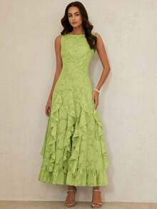 BELROSIE French Luxury Elegant Women's Green Summer Wedding Guest Dress,Laser Cut Fabric One-Shoulder Cinched Waist Vertical Splice Ruffle Hem Fitted Dress - Green - View 5