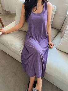 DAZY 極簡針織無袖收腰長款睡袍 女款居家休閒連身裙 夏季睡衣 - 紫色 - 查看 4