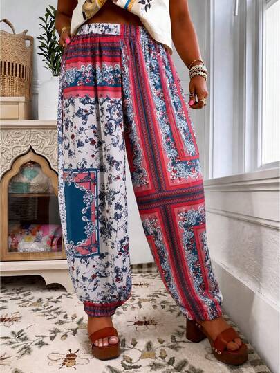 Zayélia Kadınlar için Boho Çiçek Desenli Yüksek Bel Lastikli Bel Rahat Eşofman Altı, Bol Kesim Tatil Pantolonu