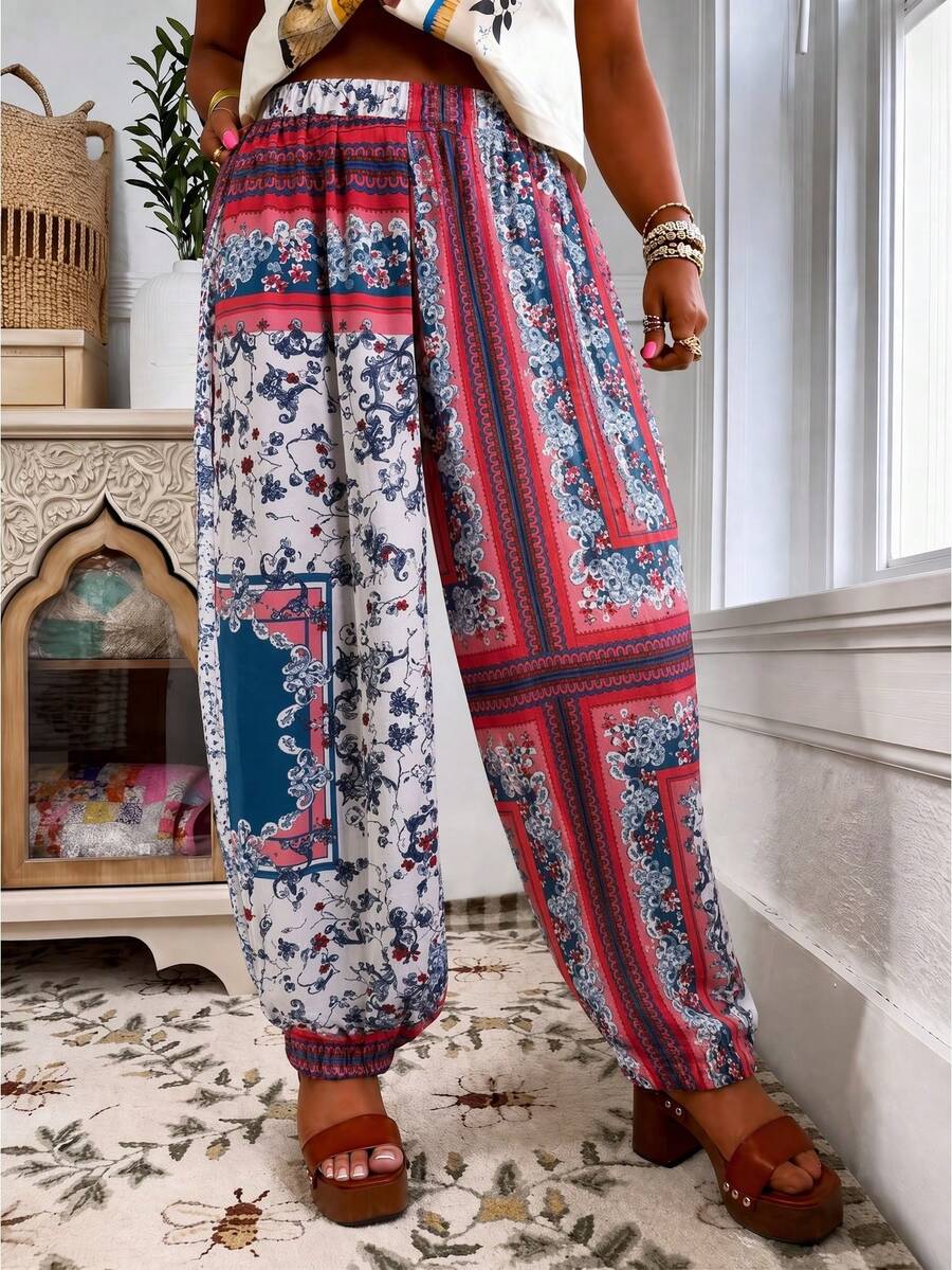 Zayélia Quần jogger nữ kiểu boho in hoa, cạp cao, thun co giãn, dáng rộng, thích hợp mặc đi nghỉ mát. - Nhiều màu - Xem 1
