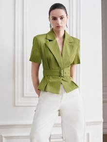 Aveloria Modichic Áo blazer ngắn tay sọc xanh ô liu cho nữ, dáng ôm eo định hình, phong cách tối giản đô thị sang trọng, đa năng cho đi làm & đi chơi - màu xanh lá - Xem 6