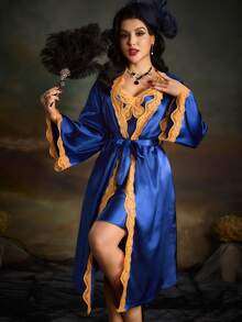 PinupPomp Ensemble de lingerie sexy pour femmes avec bretelles spaghetti, patchwork en dentelle et couleurs contrastées - Bleu azur - Voir 7