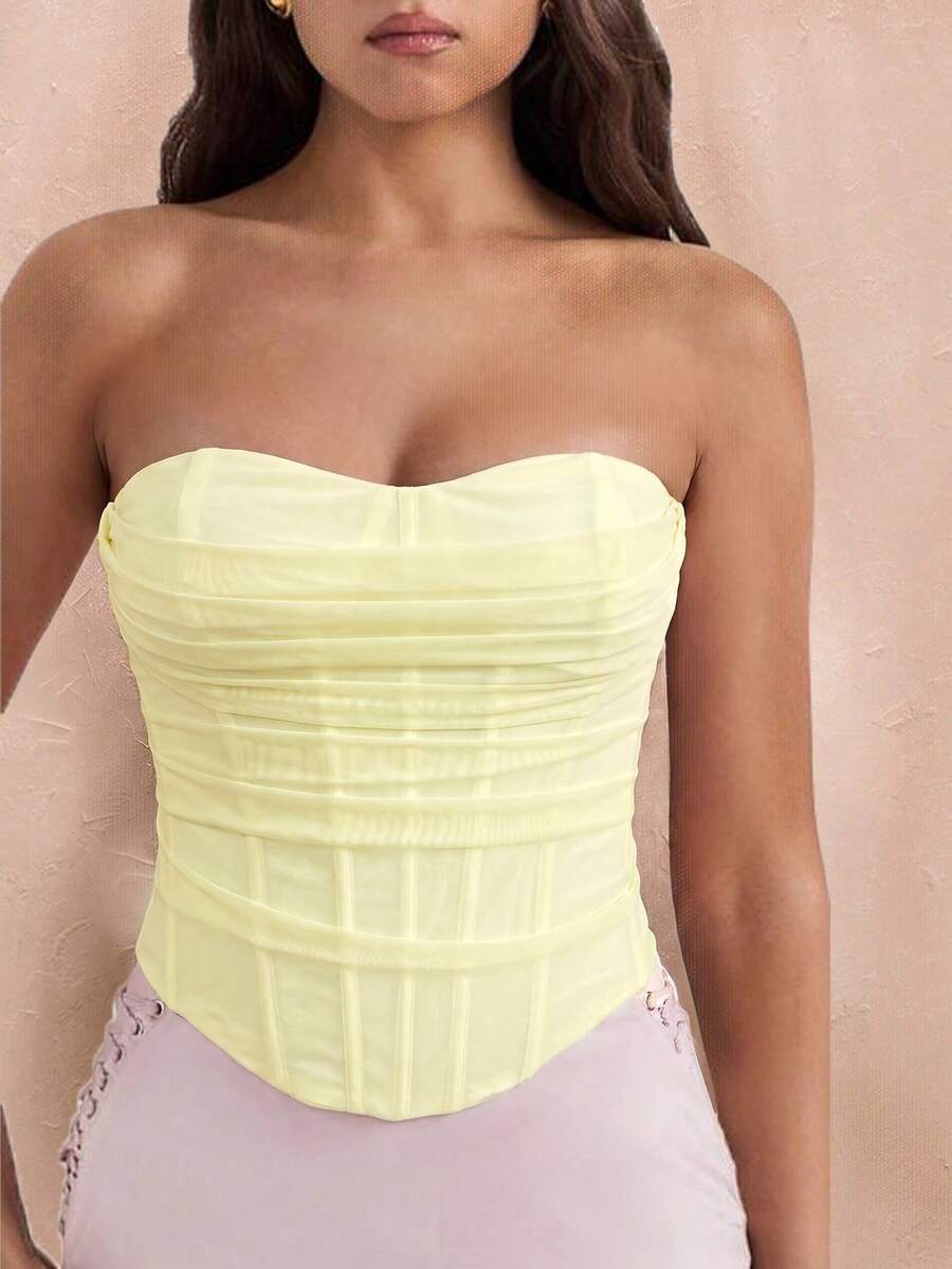 SHEIN BAE Plus Size Solid Color Bandeau , Country Music Concert Top, Music Festival Outfit For Women - Light Yellow - View 1