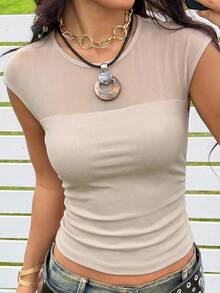SHEIN EZwear Kaos Bodycon Wanita dengan Lipatan Rajutan Aprikot dan Sambungan Jala - Aprikot - View 6